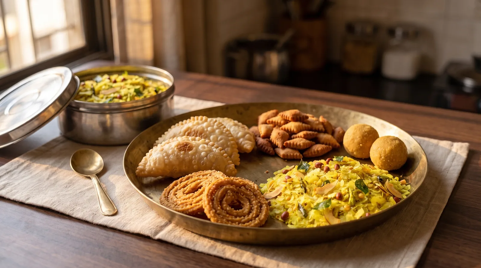 A brass thali of Diwali faral beside an open steel dabba
