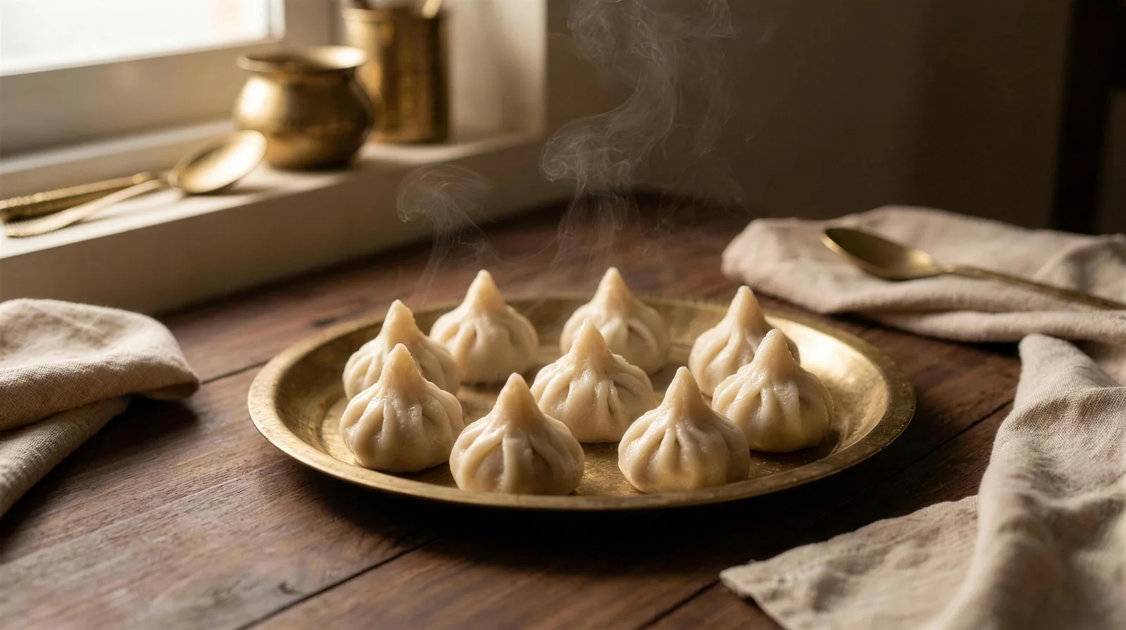Steaming ukdiche modak on a brass plate