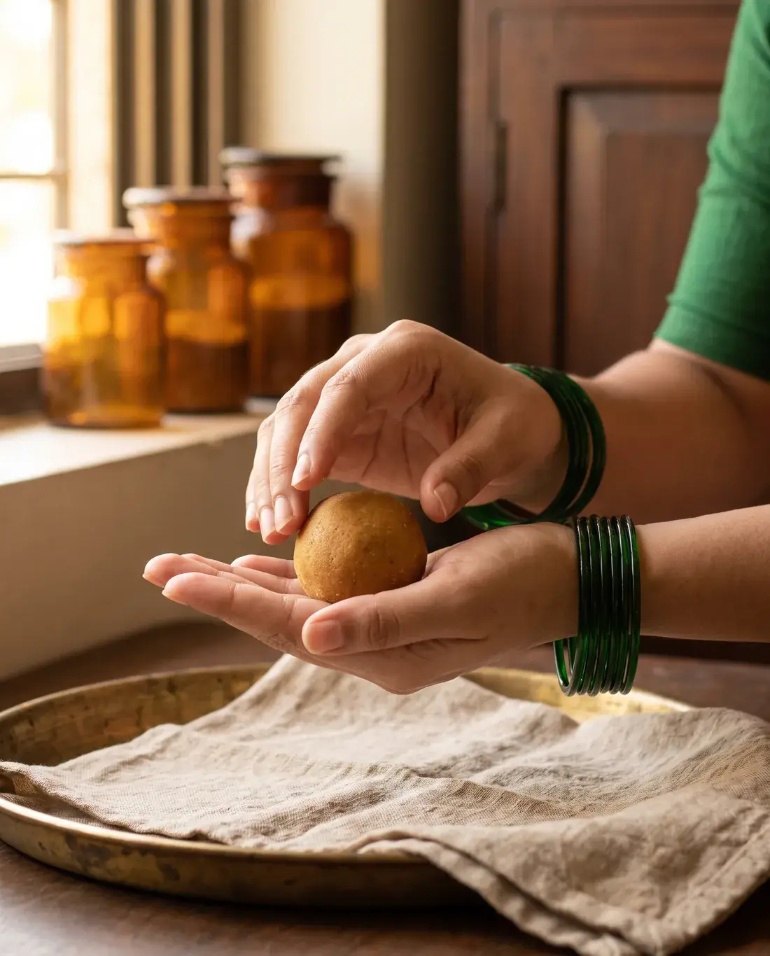 A hand offering a single besan laddu