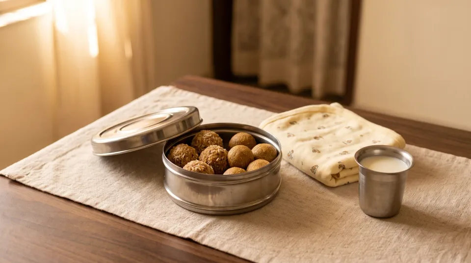 बाळाच्या मऊ दुपट्याशेजारी स्टीलच्या डब्यातले डिंक आणि मेथीचे लाडू