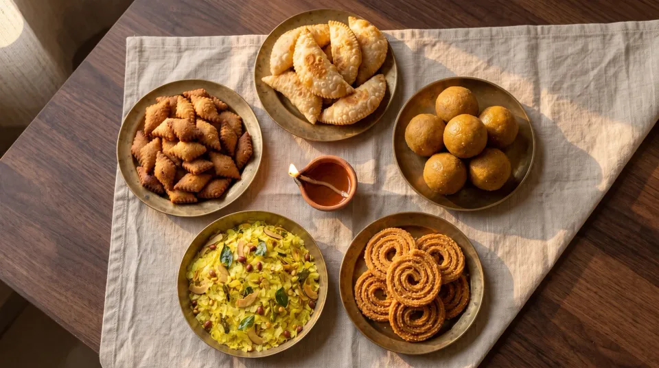 पितळी ताटांमध्ये मांडलेला लाडू, चकली, चिवडा आणि करंजीचा दिवाळी फराळ