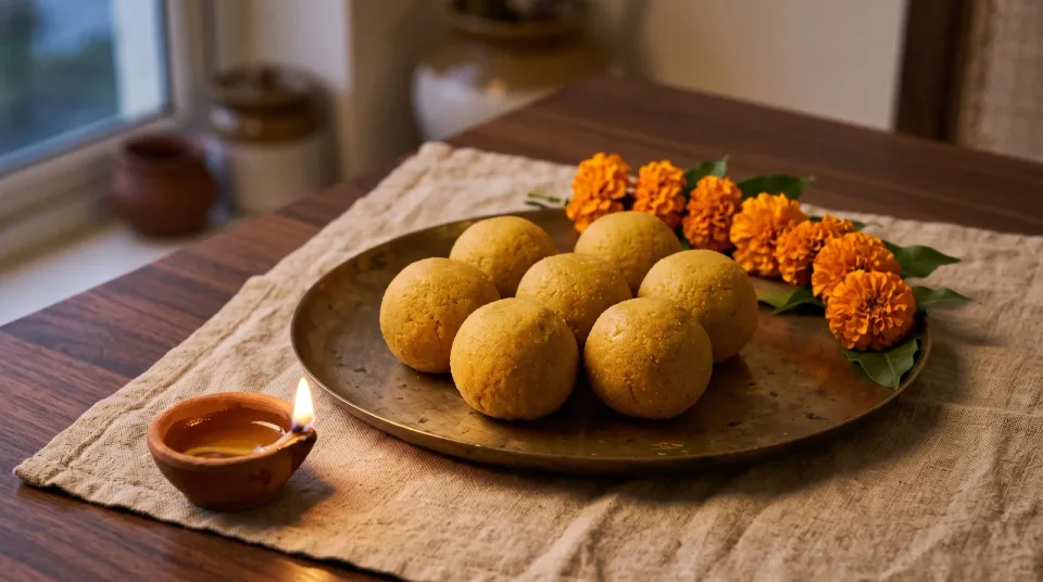 तेवत्या दिव्याशेजारी पितळी ताटात मांडलेले बेसन लाडू