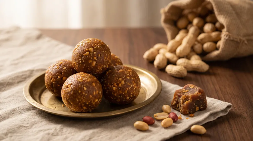 पितळी ताटात गोल शेंगदाणा लाडू, शेजारी भाजलेले शेंगदाणे आणि गुळाचा खडा