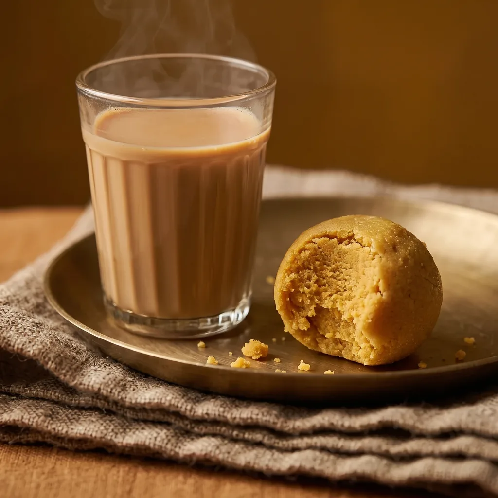 A besan laddu with a bite taken, beside a glass of chai