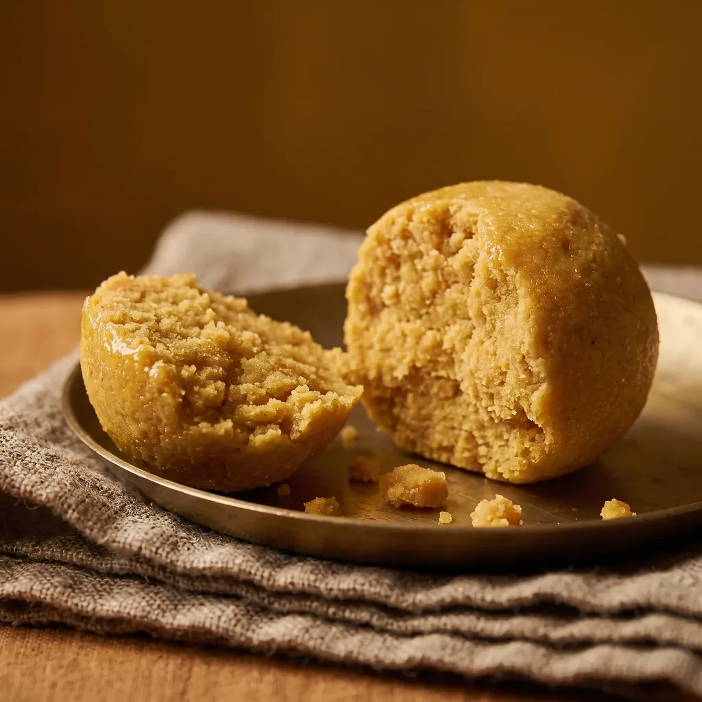 A besan laddu broken in half, showing the coarse roasted besan inside