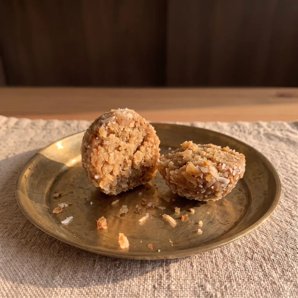 A dink laddu broken in half, showing the fine crumb of gond, dry coconut and dry fruit inside