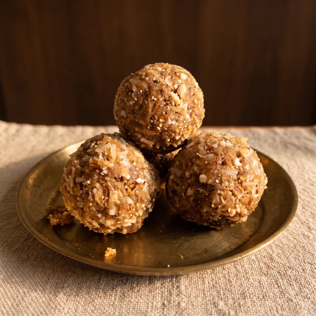 Three dink laddus stacked on a brass plate by the window