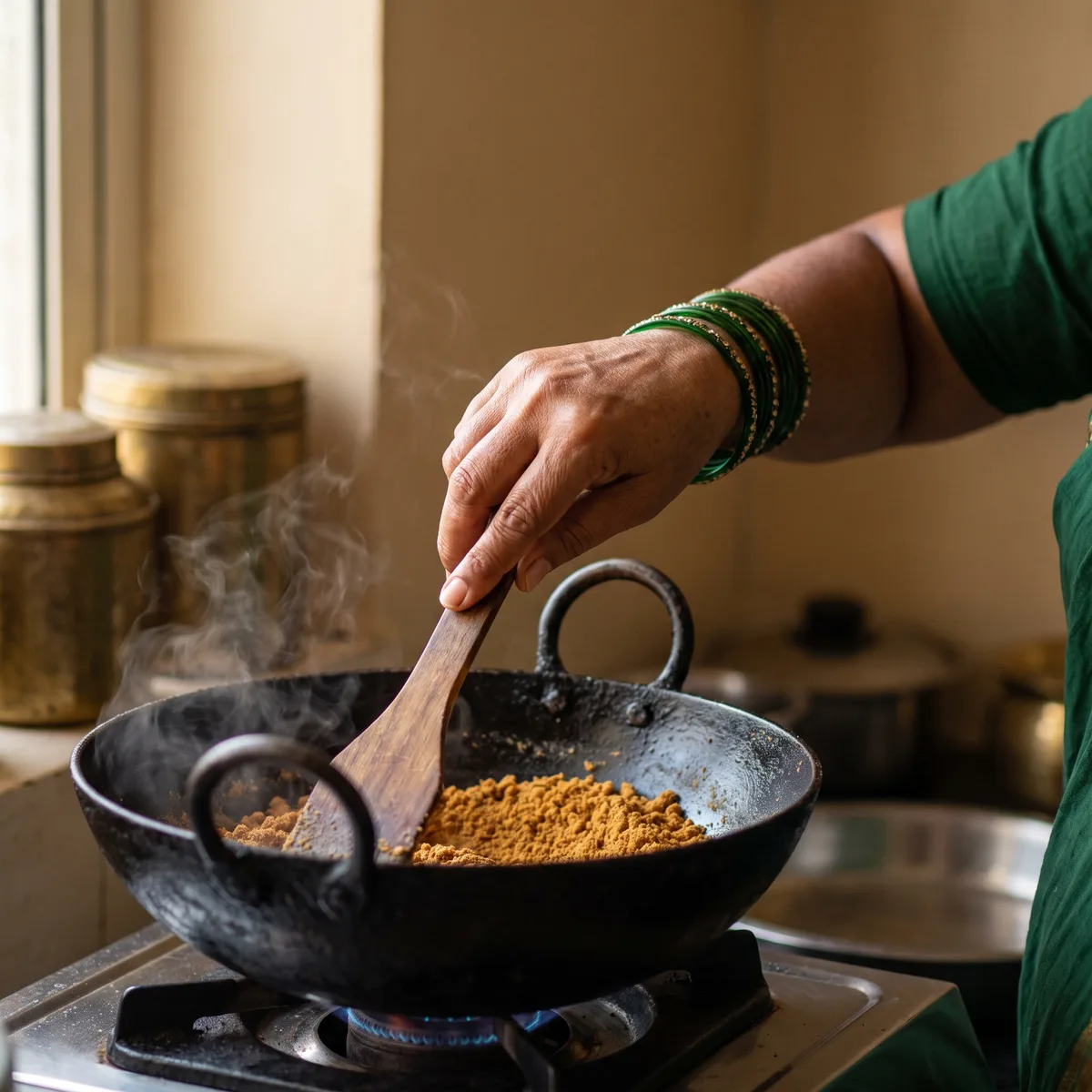 Besan roasting in ghee in an iron kadhai, stirred with a wooden spatula