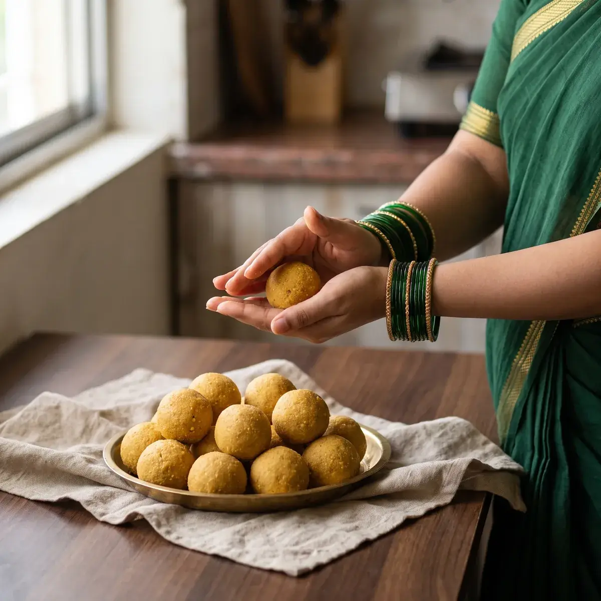 Hands rolling a warm besan laddu over a brass plate of finished laddus