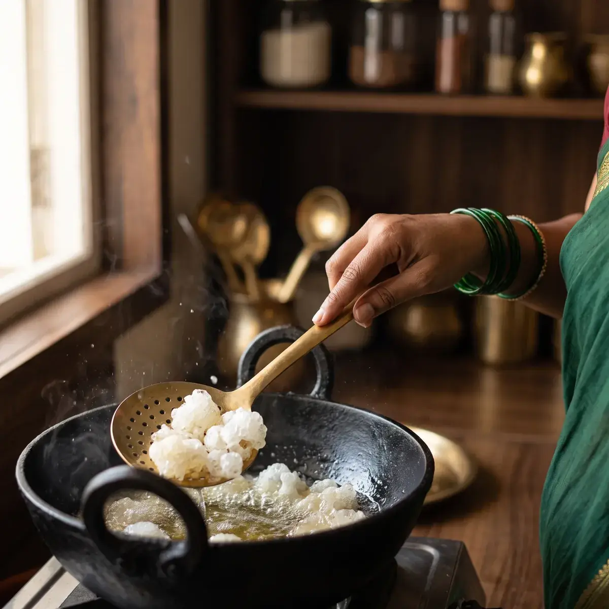 Dink crystals puffing up like tiny clouds while frying in hot ghee