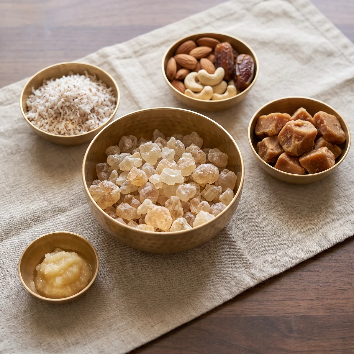 Dink crystals, grated dry coconut, almonds, cashews, dates, jaggery and a small katori of ghee in brass bowls on linen