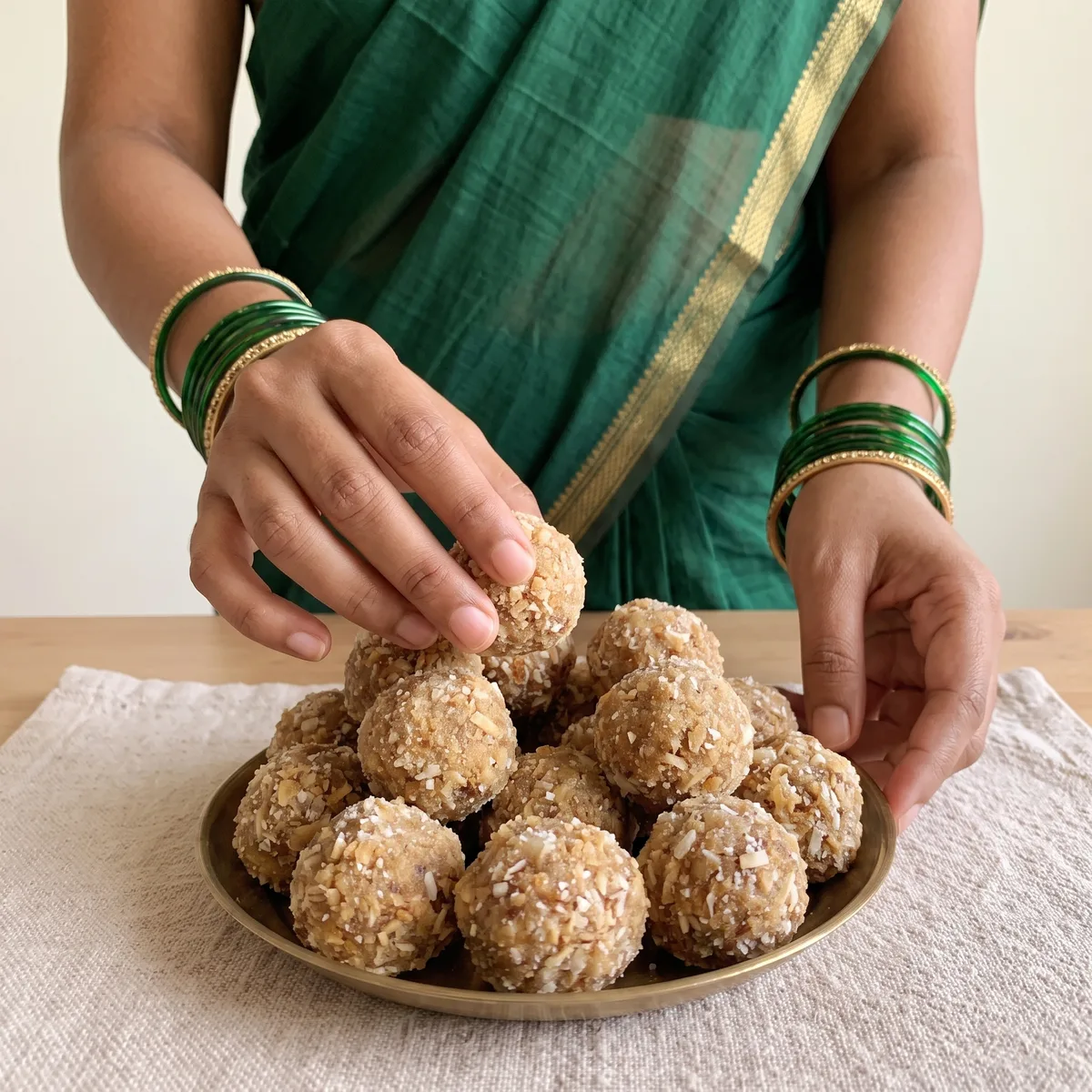 Hands rolling a fine-⁠grained dink laddu over a brass plate of finished laddus