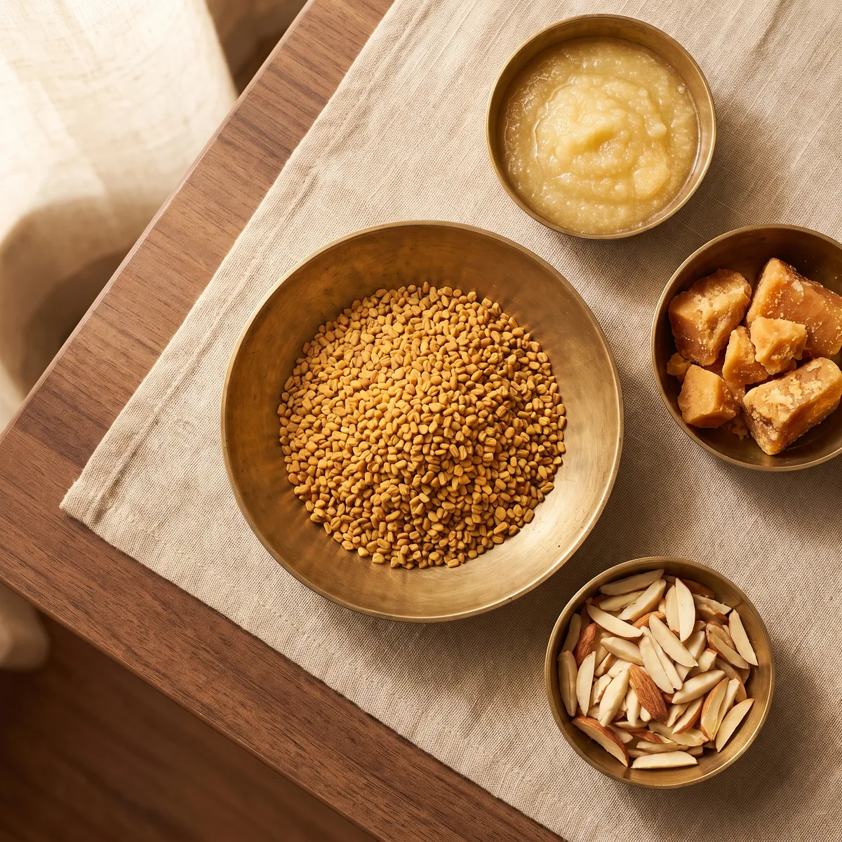 Fenugreek seeds, ghee, jaggery and slivered almonds in brass bowls on linen