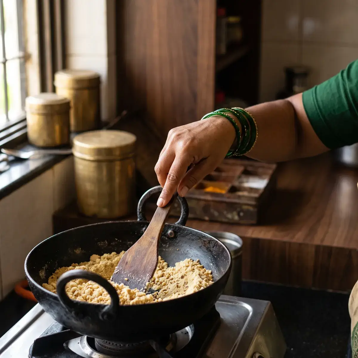 Fenugreek seeds slow-⁠roasting in ghee in an iron kadhai