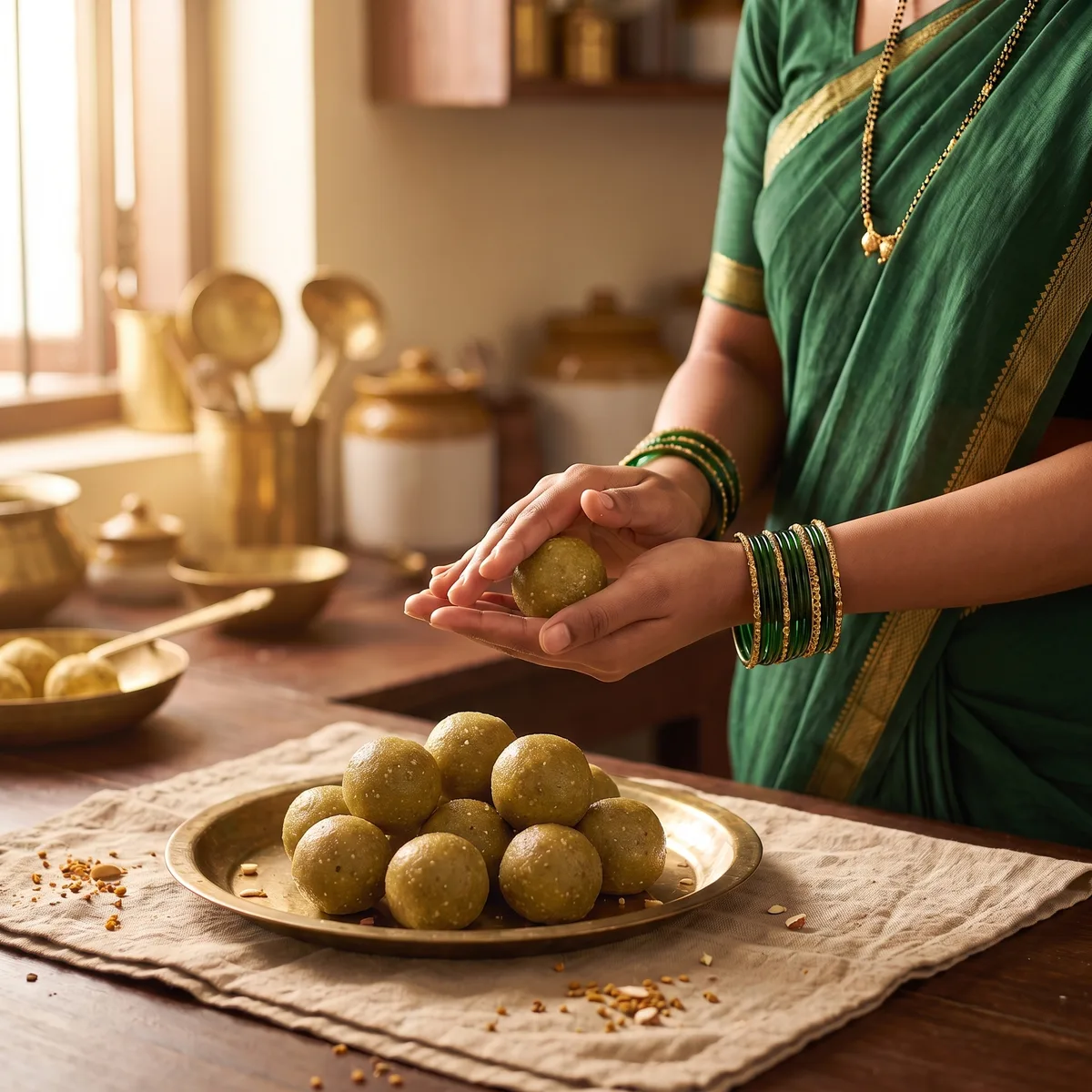 Hands holding a pale golden methi laddu over a brass plate of finished laddus