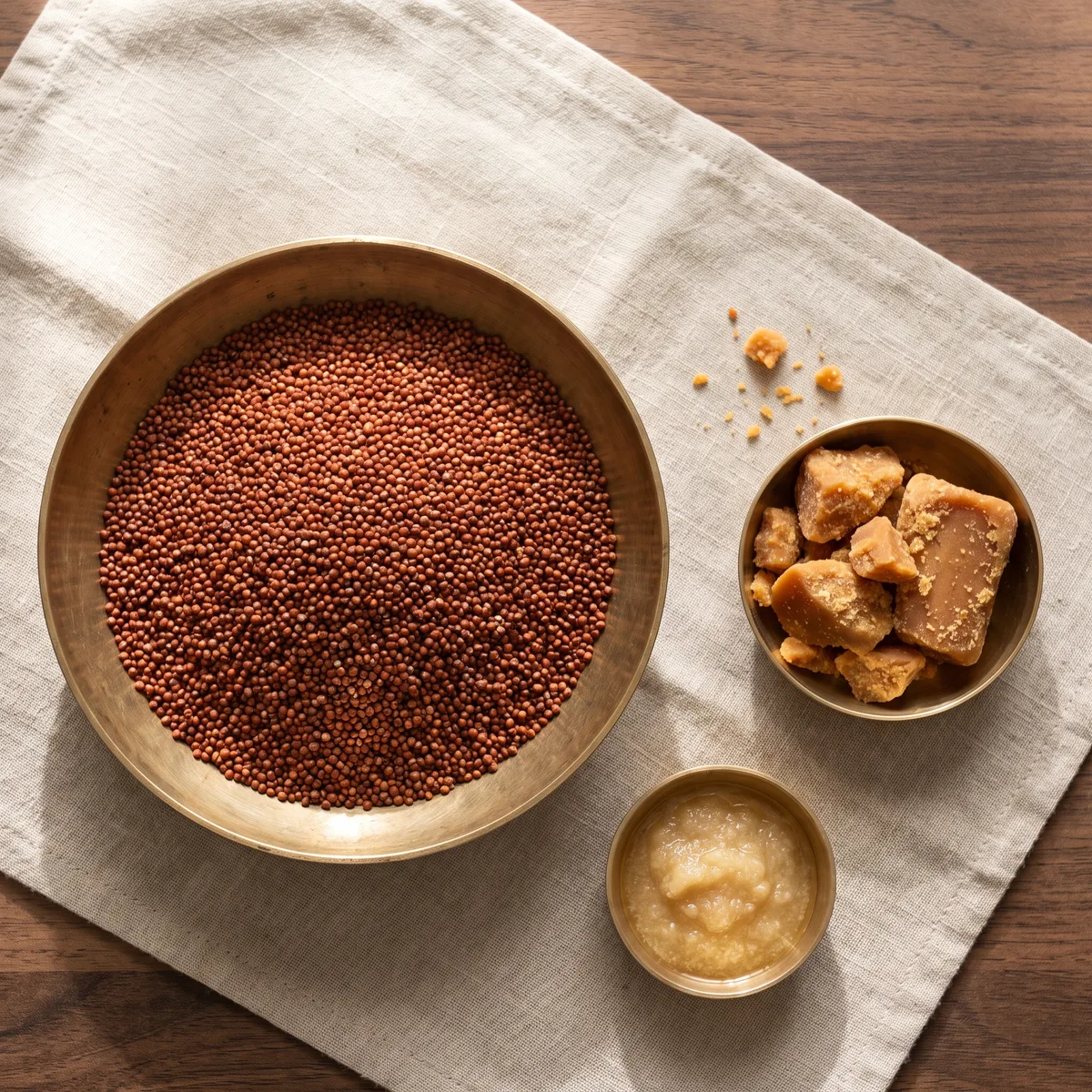 Whole ragi grains, hand-⁠broken brown jaggery and a small katori of ghee in brass bowls on linen