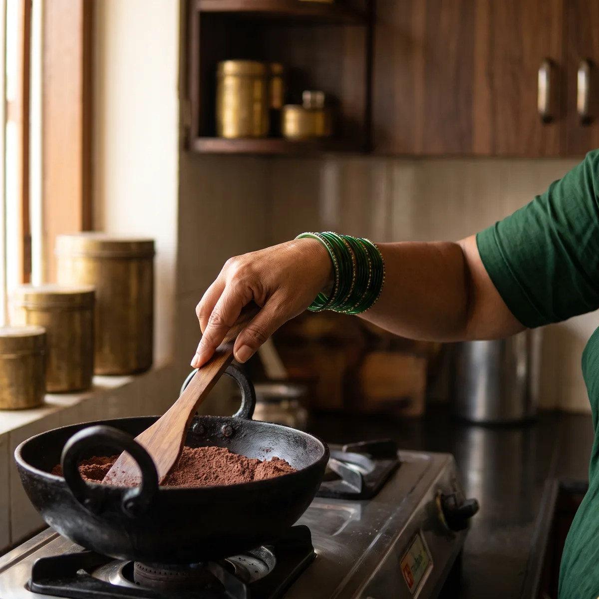 Dark ragi flour roasting slowly in ghee in an iron kadhai