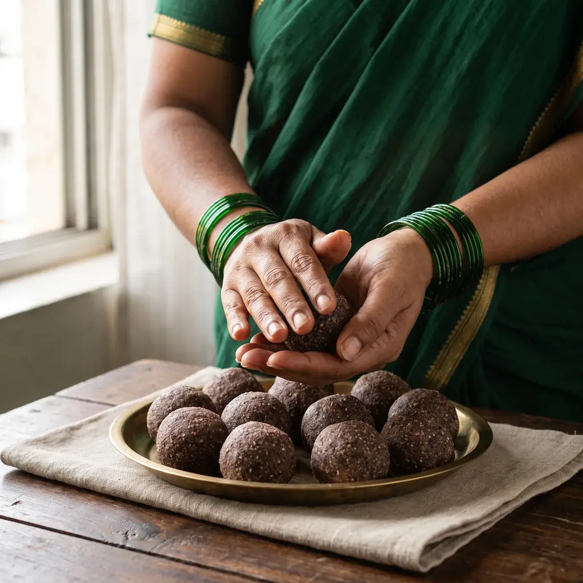 Hands holding a round dark nachani laddu over a brass plate of finished laddus