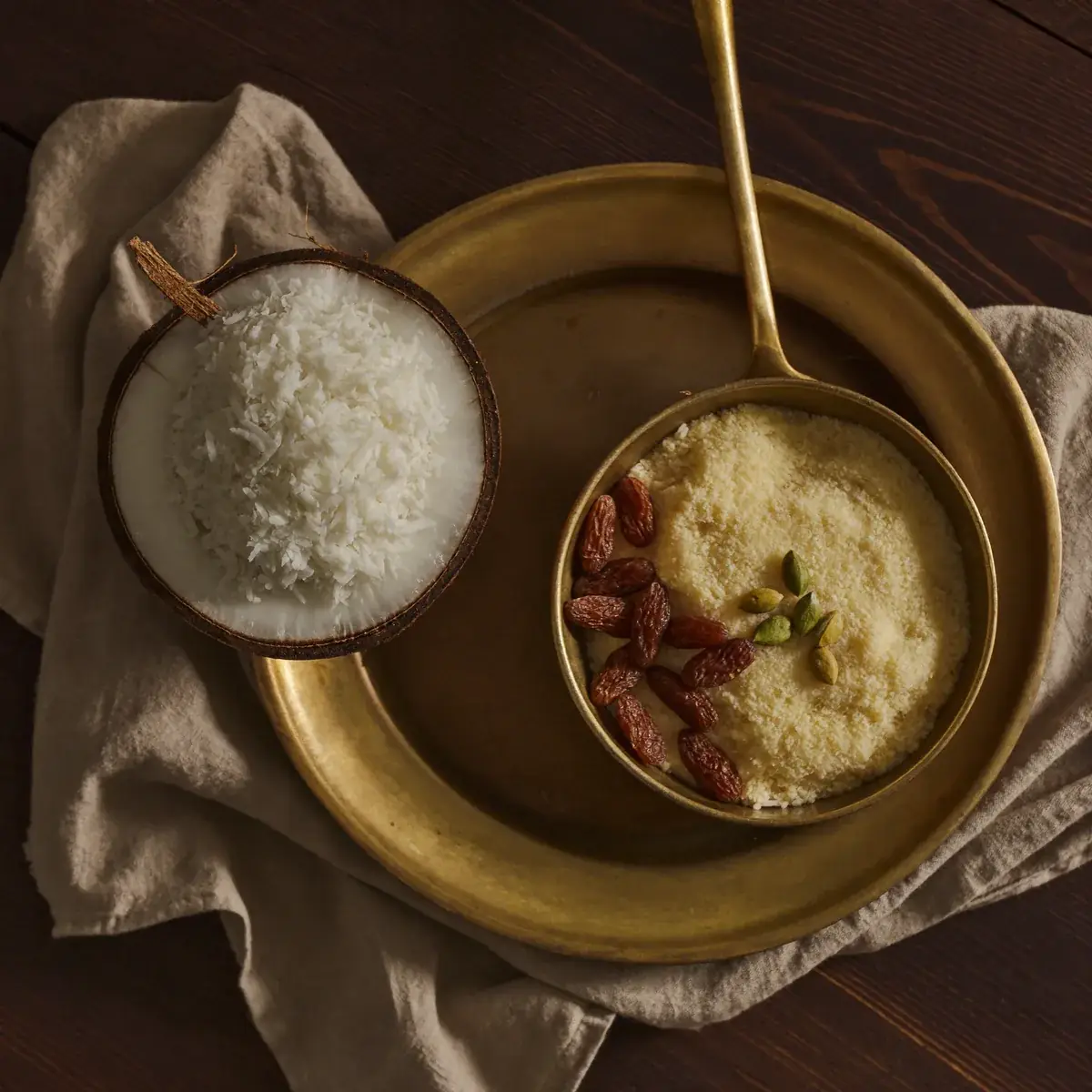 Fresh grated coconut, semolina, raisins and cardamom in brass bowls on linen