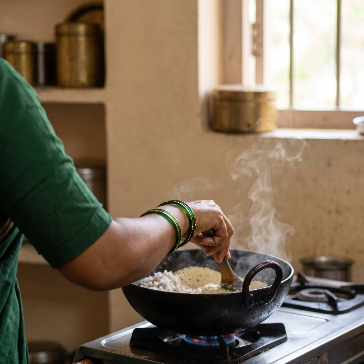 Semolina and coconut roasting gently in ghee in an iron kadhai