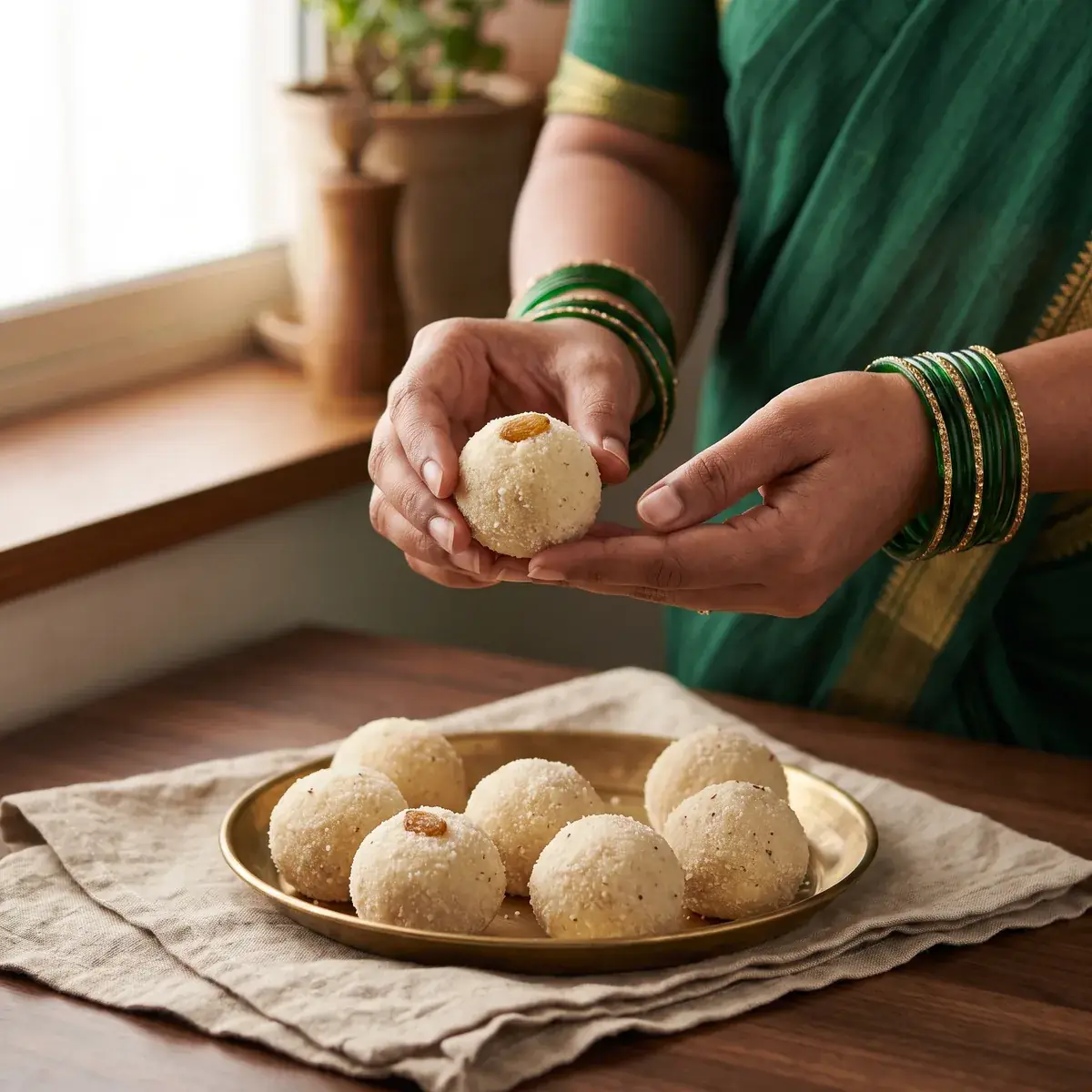Hands holding a soft rawa coconut laddu over a brass plate of finished laddus