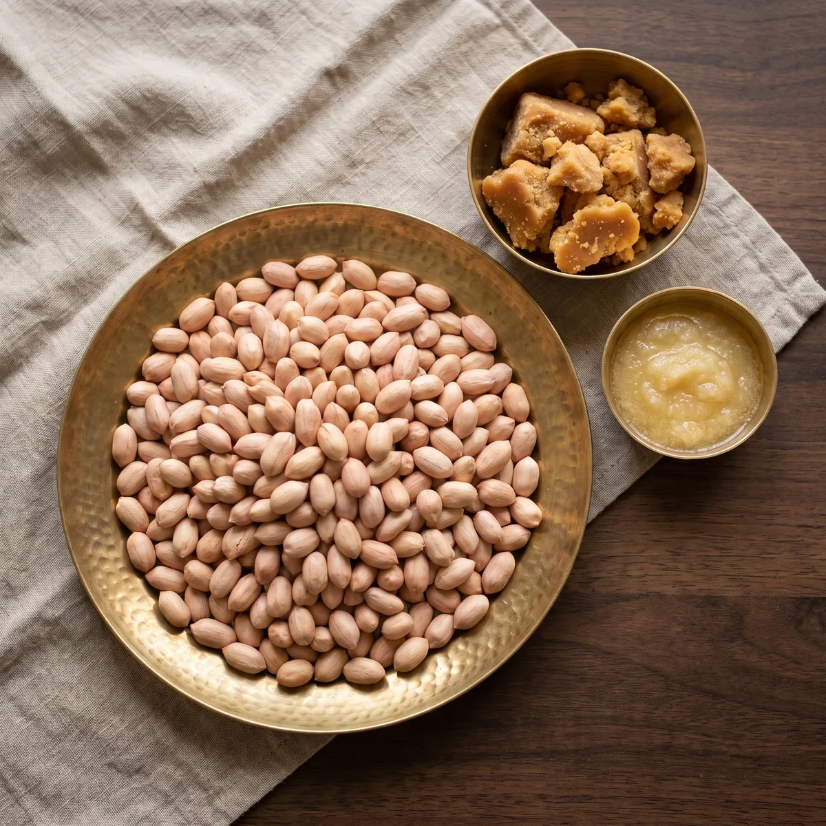 Shelled raw peanuts on a brass plate, with small katoris of brown jaggery and ghee on linen