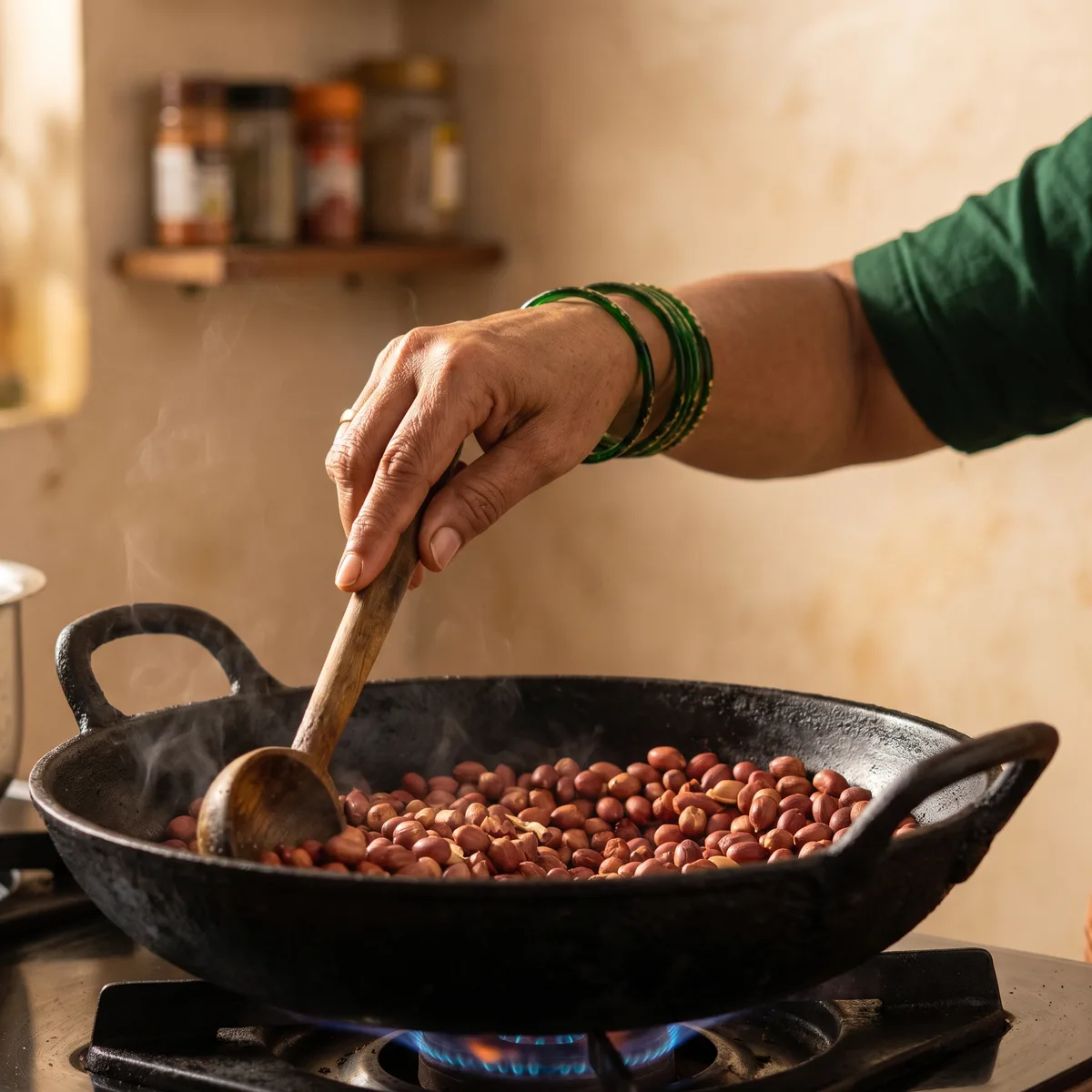 Peanuts dry-roasting in an iron kadhai, skins crackling