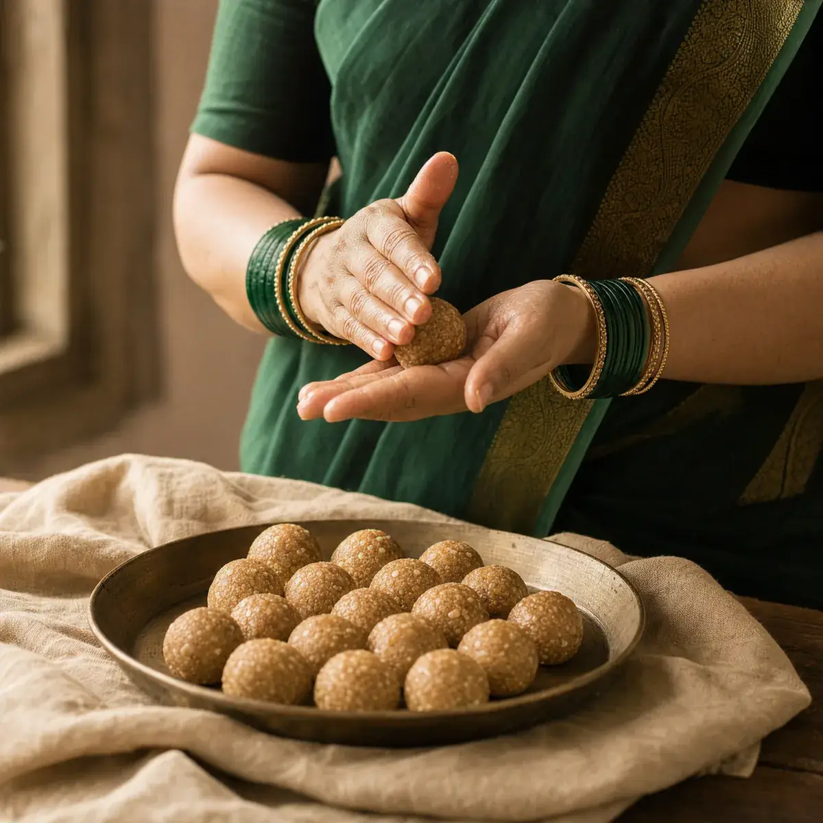 Hands holding a round peanut jaggery laddu over a brass plate of finished laddus