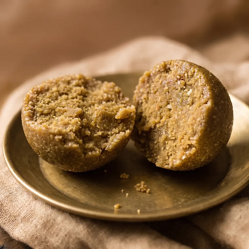 A methi laddu broken in half, showing the dense fenugreek and jaggery inside