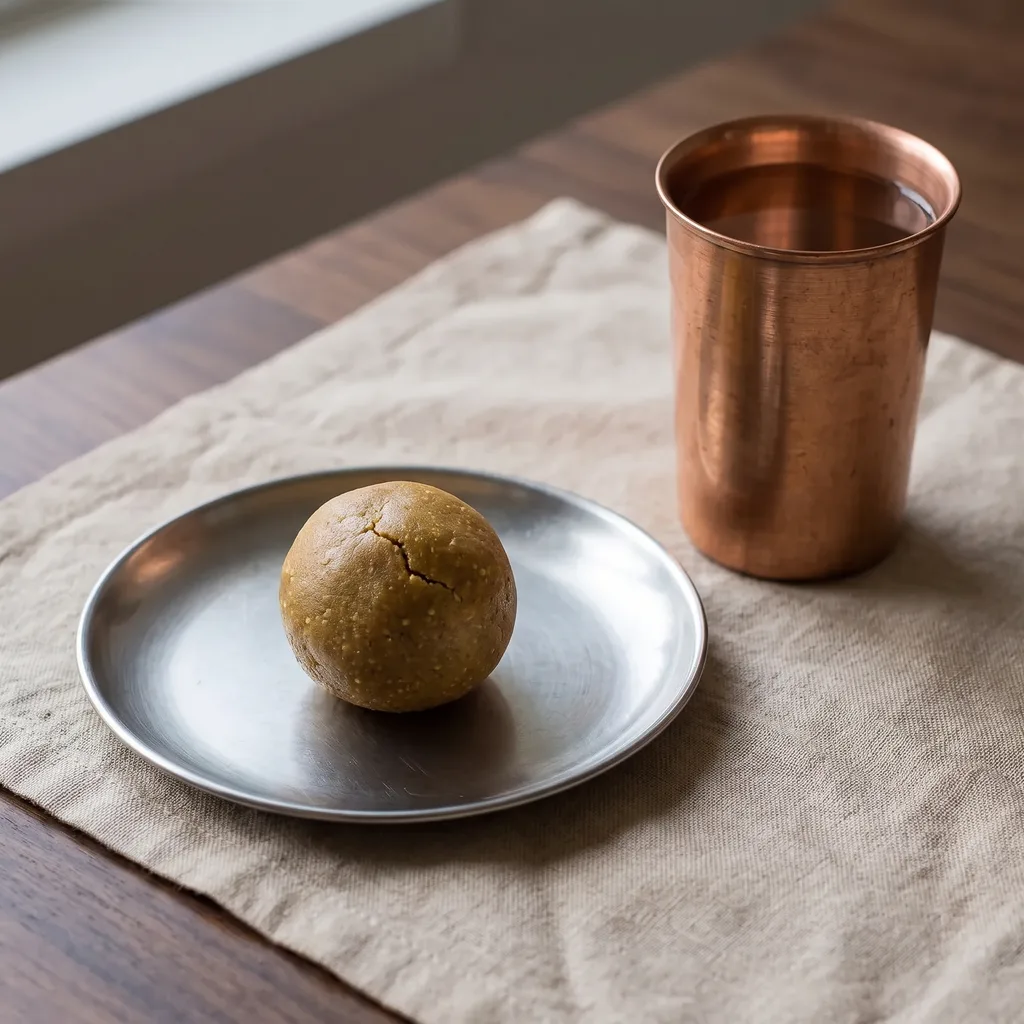 A methi laddu on a steel plate beside a copper glass of water, early morning