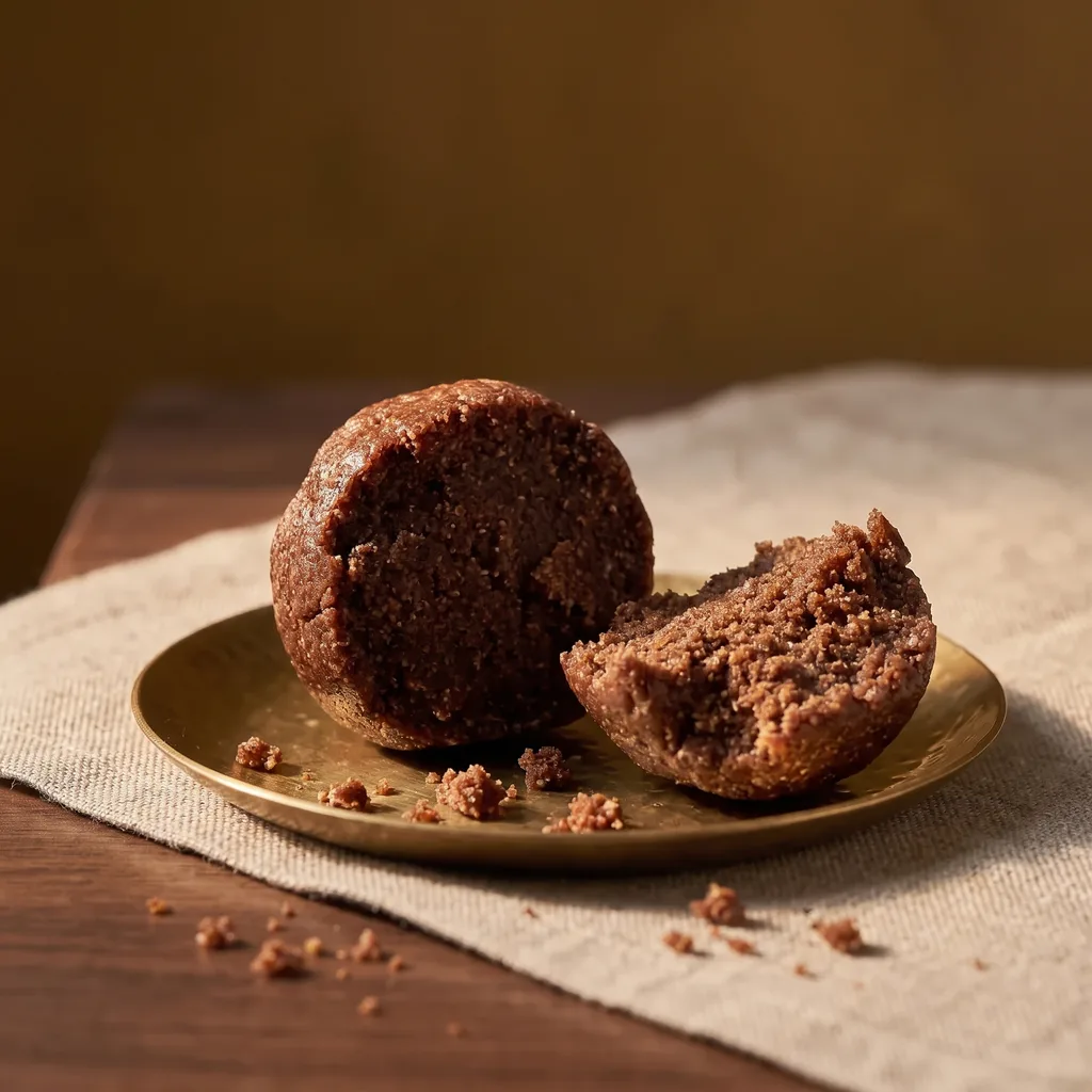 A nachani laddu broken in half, showing the dense ragi and jaggery inside