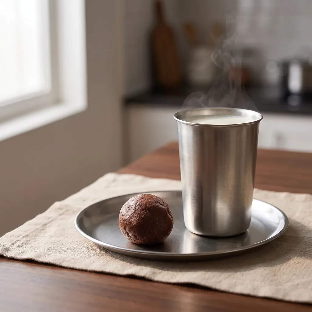 A nachani laddu on a steel plate beside a steel glass of warm milk