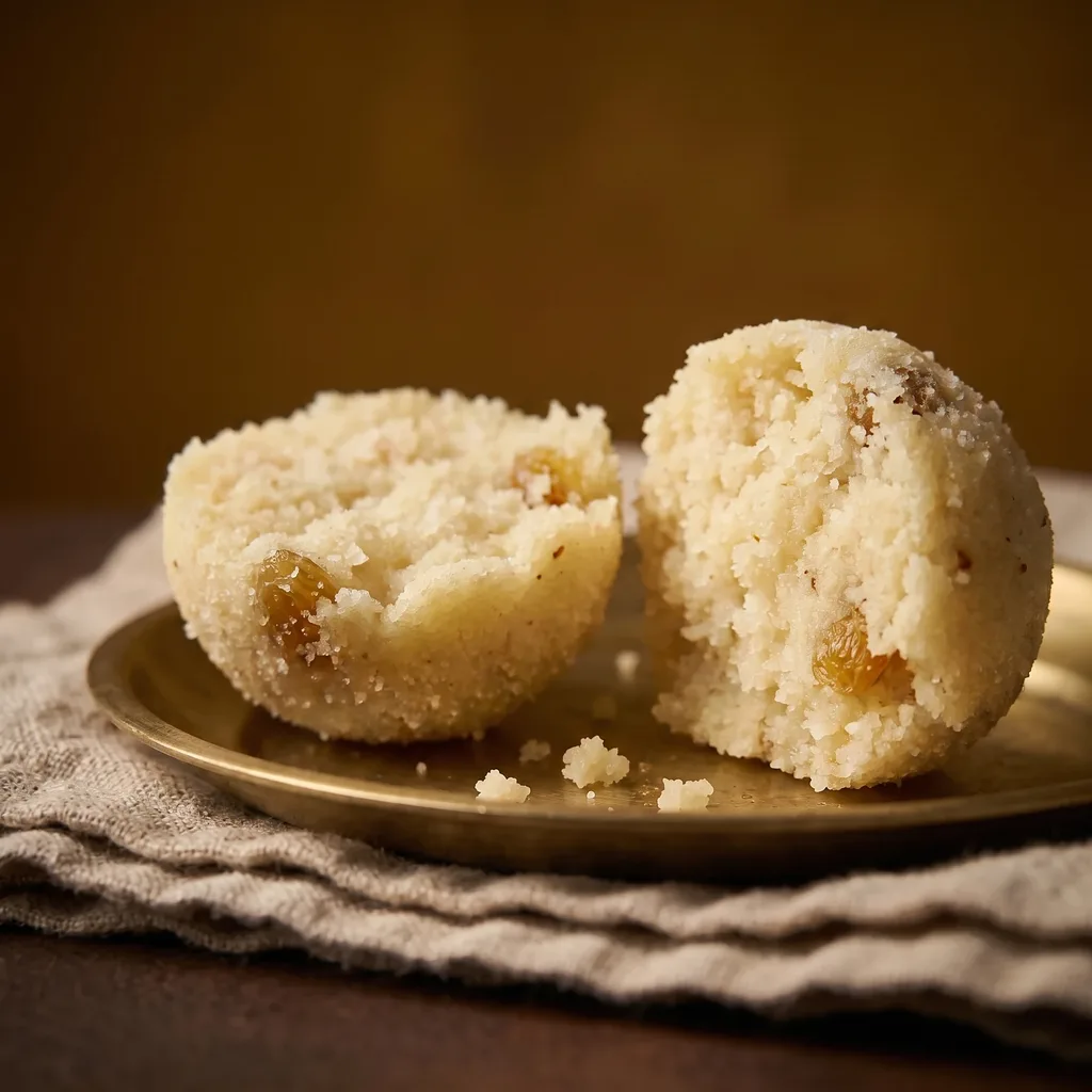 A rawa coconut laddu broken in half, showing the soft coconut and semolina inside