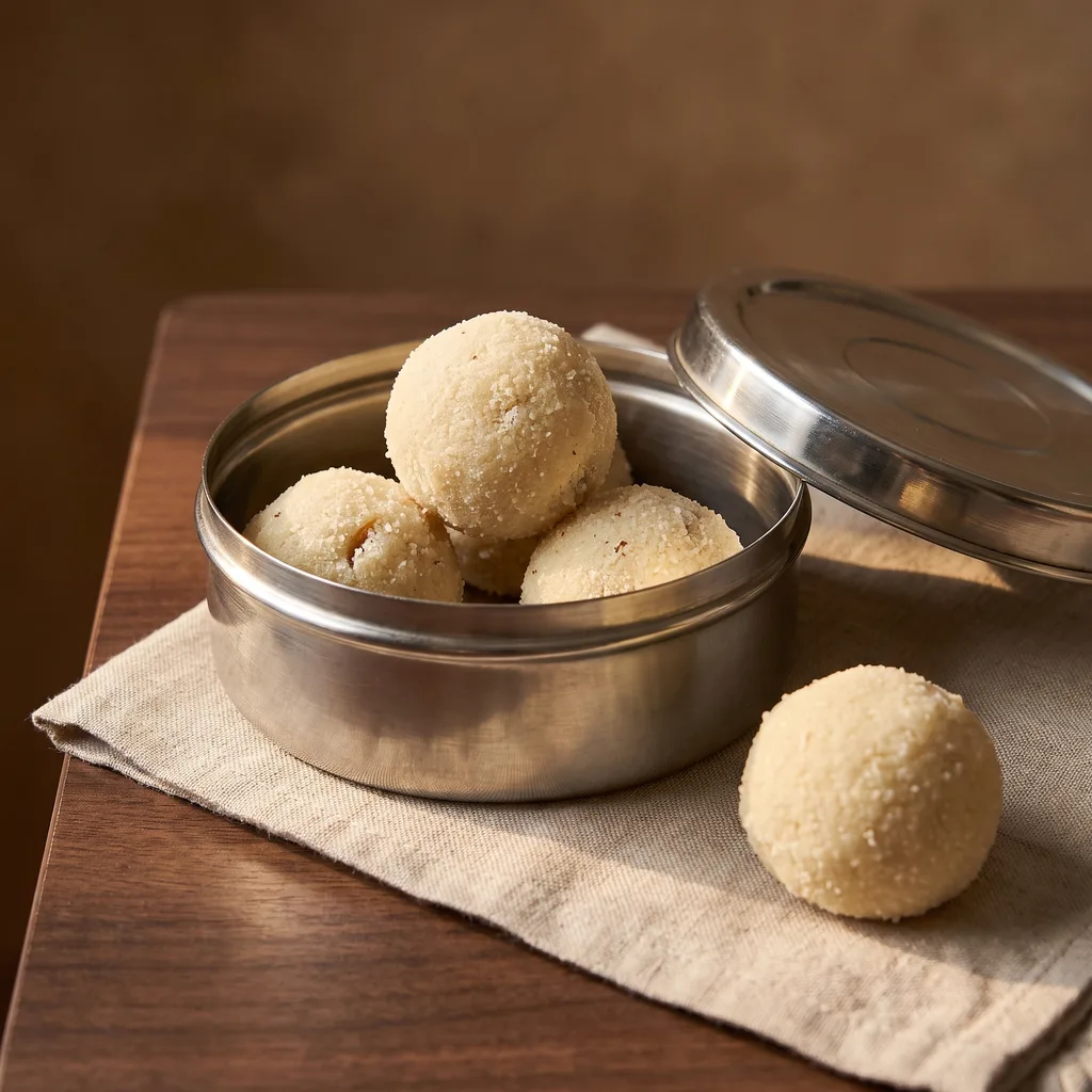 A steel dabba of rawa coconut laddus with the lid off, one laddu taken out