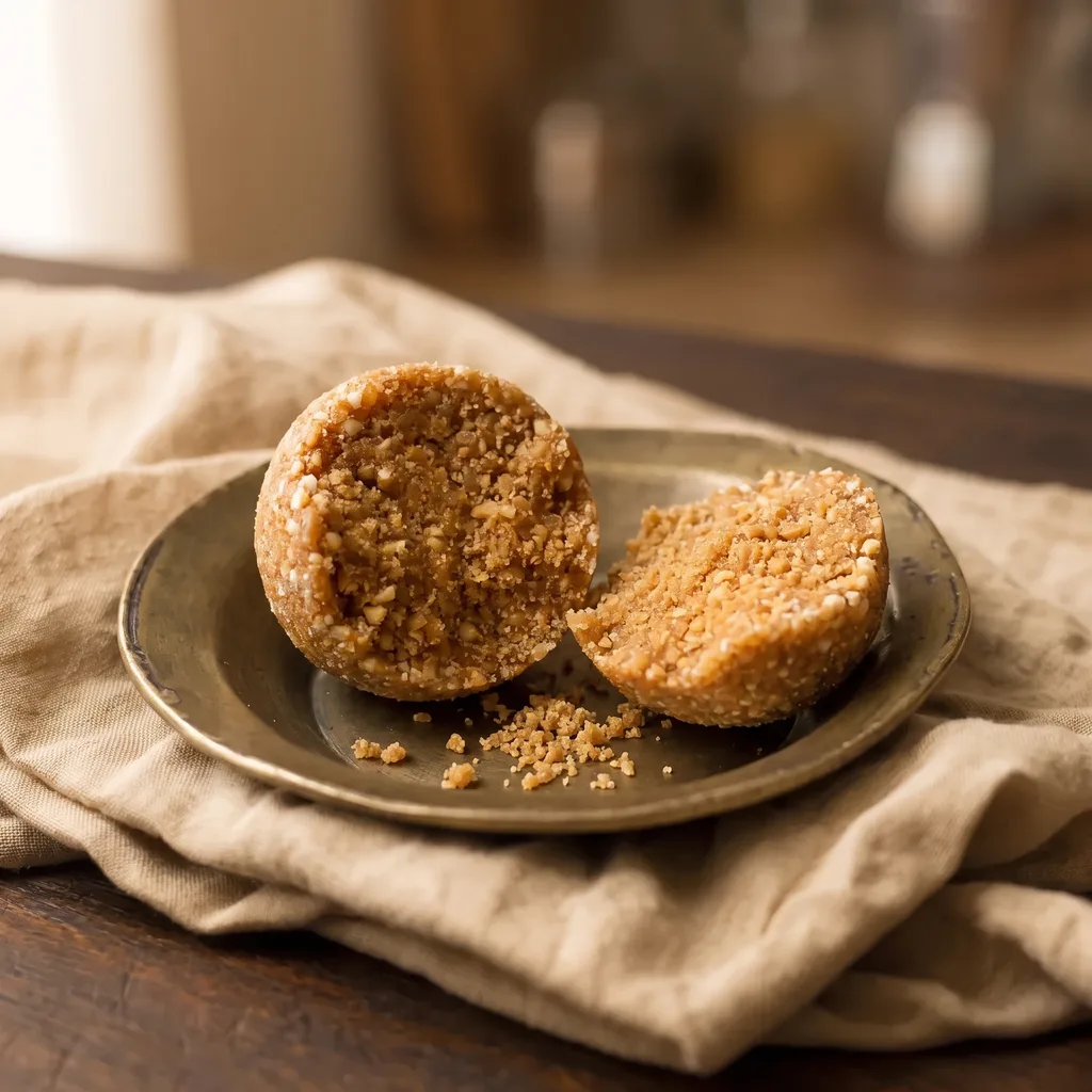 A shengdana laddu broken in half, showing the finely crushed peanuts and jaggery inside