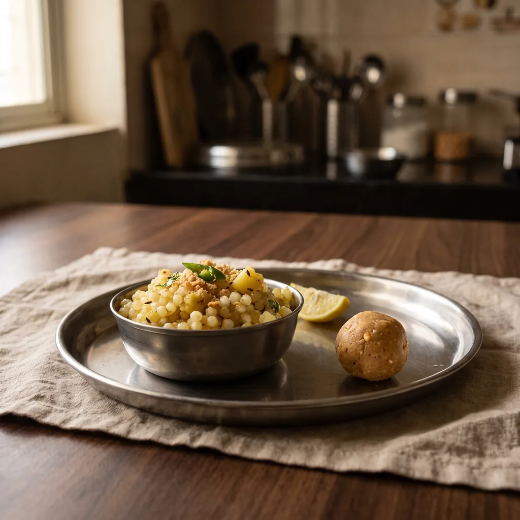 An upvas plate: a shengdana laddu with a bowl of sabudana khichdi and a lemon wedge