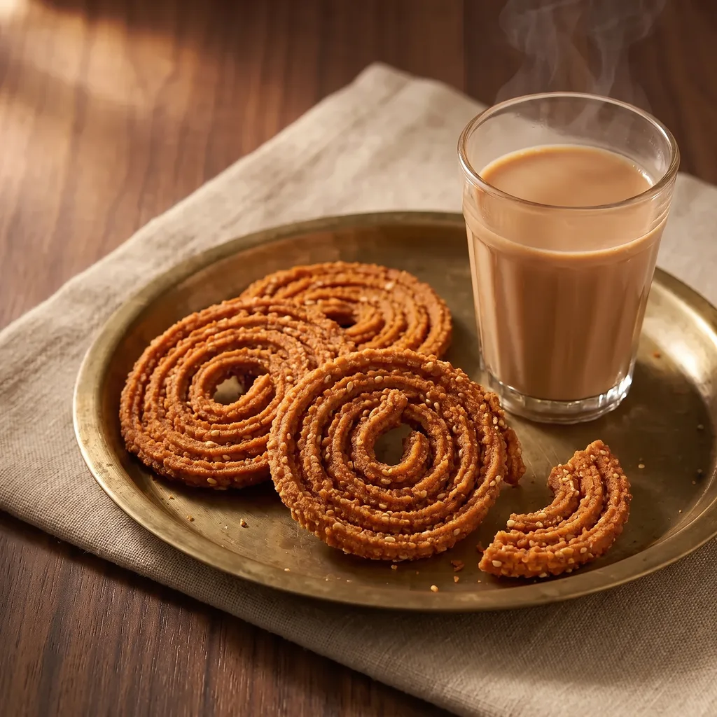 Three chaklis on a brass plate beside a glass of hot chai