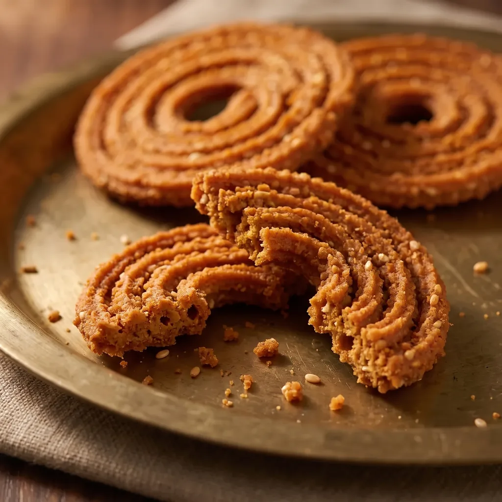 A bhajani chakli snapped in two, showing the crisp airy inside of the spiral