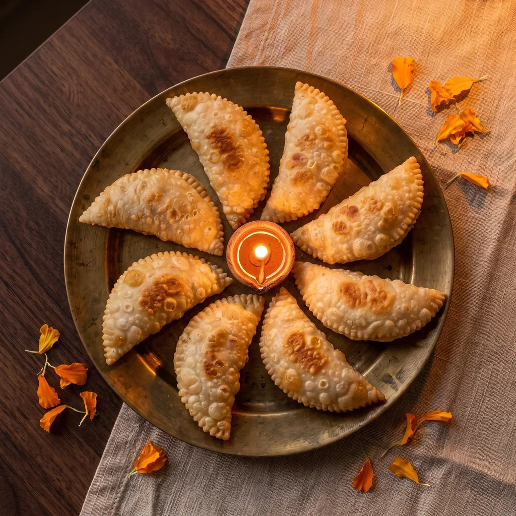 Karanjis arranged in a ring on a brass thali around a lit clay diya, marigold petals on the cloth, seen from above on Diwali evening