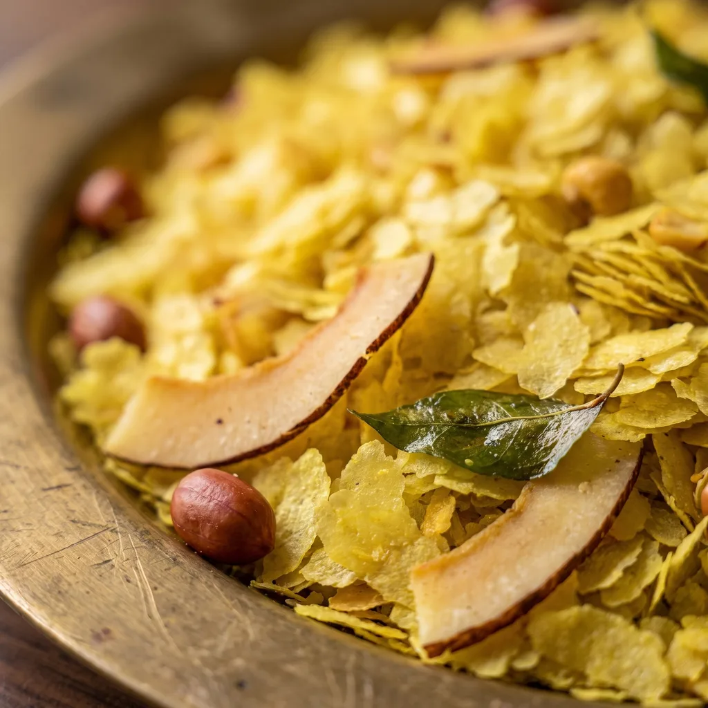 Poha chivda up close, paper-⁠thin turmeric flakes with peanuts, dry coconut slices and a curry leaf