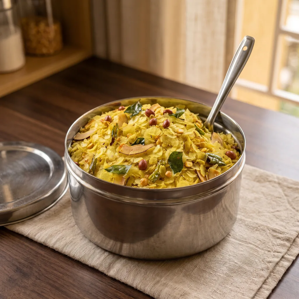 A tall steel kitchen dabba full of chivda with a serving spoon standing in it, lid resting beside
