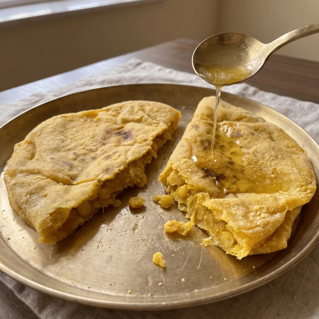A puran poli torn in half with ghee being poured over the soft yellow puran
