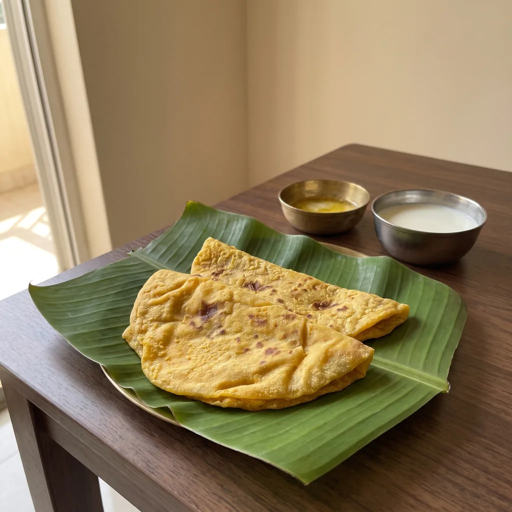 Two folded puran polis on a banana leaf with a katori of ghee and a bowl of milk