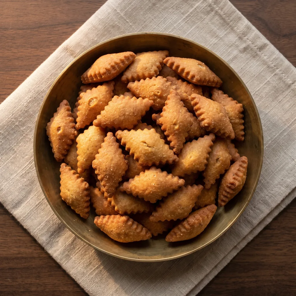 A brass bowl full of golden sweet shankarpali seen from above, the fluted diamond edges showing clearly