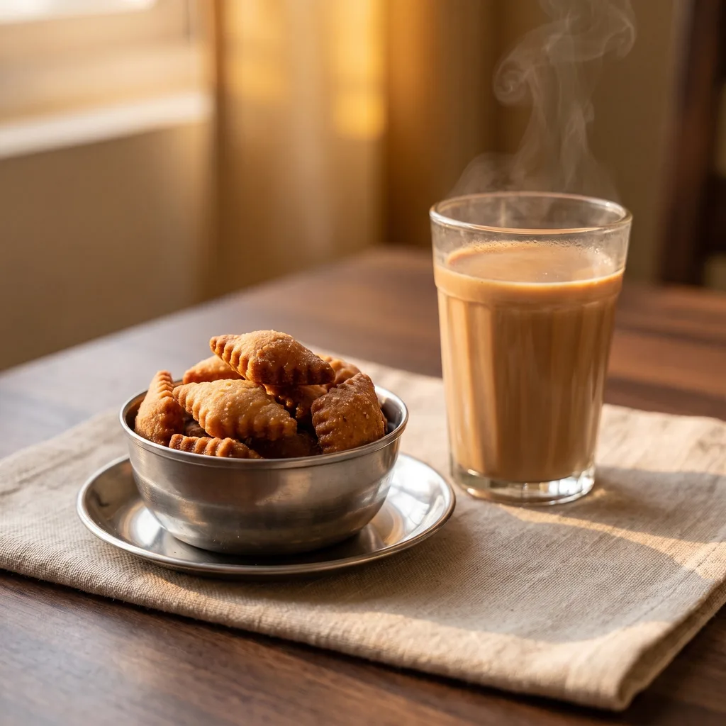 A steel katori of sweet shankarpali beside a glass of hot chai in morning window light